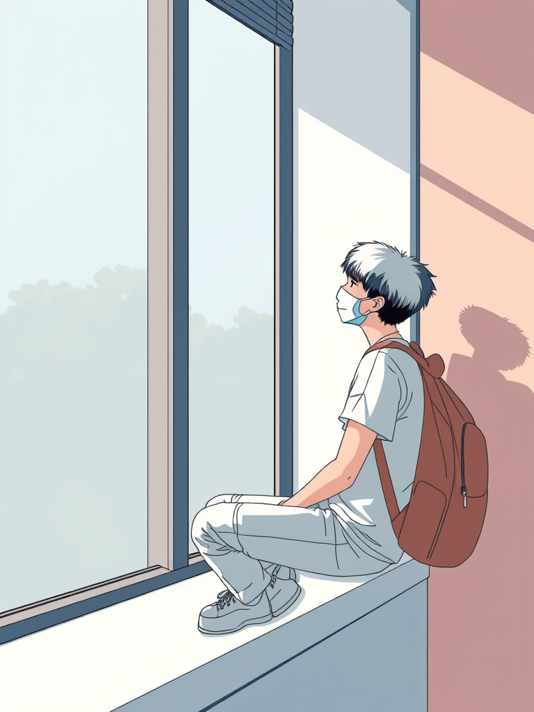 Create an illustration of a young person sitting by a large window, wearing a backpack and a face mask, looking pensive, with natural light streaming in, in a minimalist style, using a digital drawing technique, shot with a Canon EOS R5, 35mm lens, f/8 aperture, ISO 200.