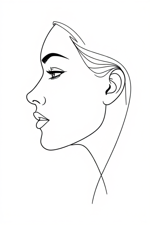 Create a minimalist line art illustration of a face in profile with smooth, continuous lines on a white background, camera settings: f/2.8, ISO 100, shutter speed 1/125s, camera view: close-up, camera style: artistic, camera type: DSLR.