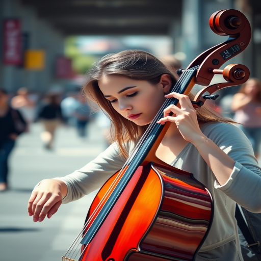 Young woman playing cello in a busy urban setting, bright sunlight, shallow depth of field, ISO 100, f/2.8, 1/2000s, DSLR camera, 85mm lens, high-resolution, vibrant colors.