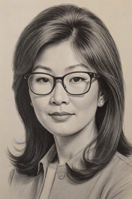 Dazzling Connie Chung, pencil sketch, portrait of Pleasing woman 1964s in glasses, hair style beatnik, outline, clear lines, fine lines, 8k