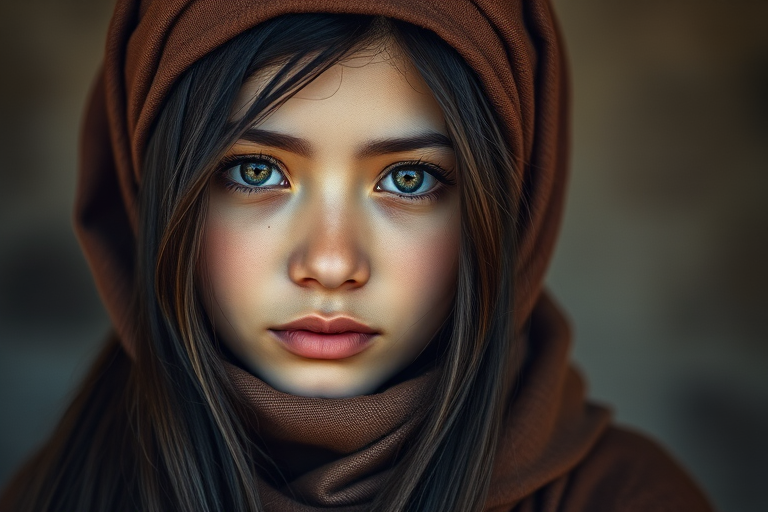 Create a portrait of a young Mongolian female with long, dark hair and captivating hazel eyes. She is wearing a brown headscarf and a matching scarf draped gracefully around her neck. The background is softly blurred, focusing attention on her serene and natural expression. The overall color palette is muted and warm, enhancing the intimate and authentic feel of the portrait.