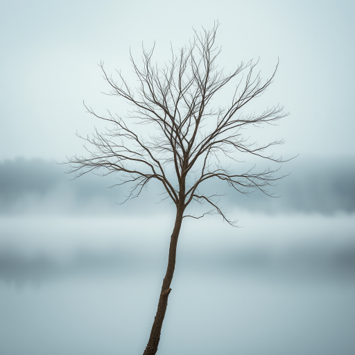 capture a solitary tree with sparse branches against a misty lake background during overcast weather, use a Canon EOS R5 with a 50mm f/1.2 lens, aperture f/2.8, ISO 200, shutter speed 1/250s, wide-angle view, natural color tones, and enhance depth of field for a soft background blur