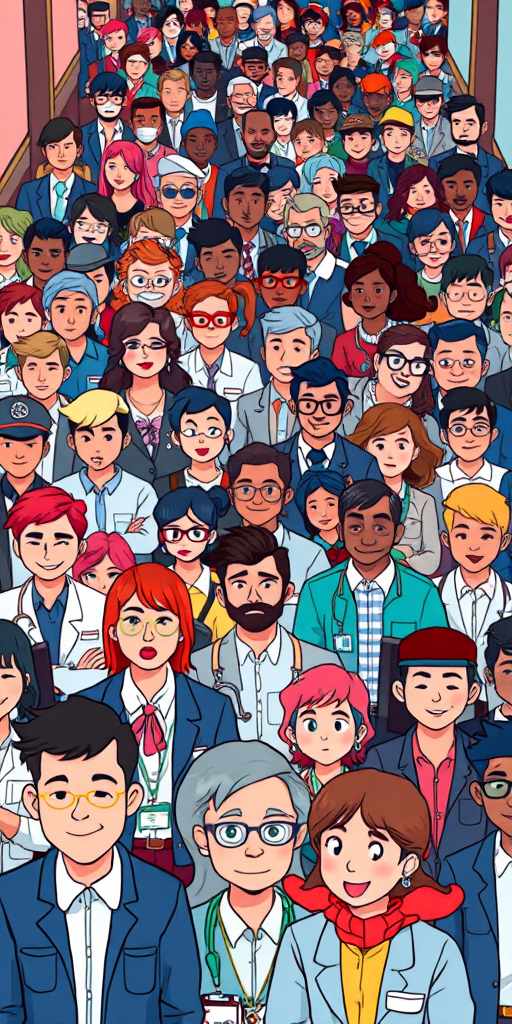 Create an illustration of a diverse crowd of cartoon characters representing different professions and genders, using a bright color palette, captured with a Canon EOS R, 35mm lens, f/4, ISO 200, shot from a high-angle view to convey a bustling atmosphere.