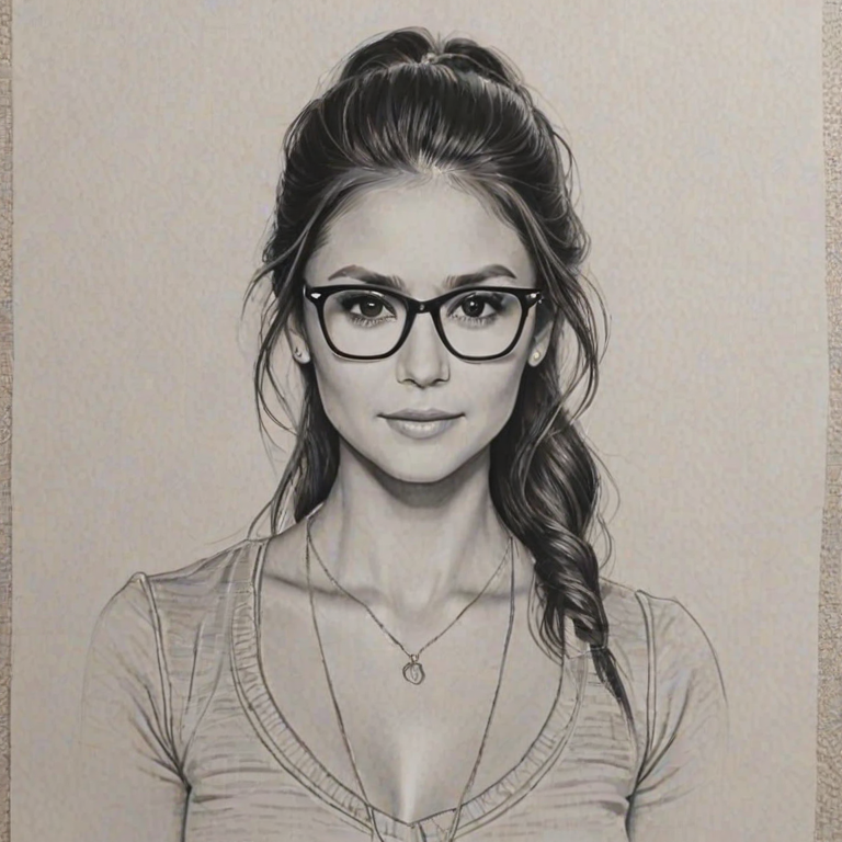 Delightful Nina Dobrev, pencil sketch, portrait of Magnificent woman 1979s in glasses, hair style beatnik, outline, clear lines, fine lines, 8k