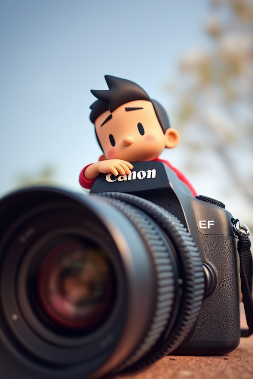 Create an image of a stylized cartoon character leaning on a large camera with a Canon EF lens, shot from a low angle, using a DSLR camera at f/2.8 aperture, 50mm focal length, ISO 100, and natural lighting.