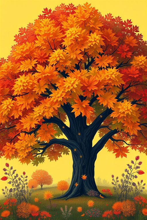 Create a vibrant, stylized illustration of a large tree with colorful autumn leaves against a soft yellow background, focusing on the intricate details of the foliage and surrounding plants, using a DSLR camera with a 50mm lens at f/2.8, ISO 100, and a slight vignette effect to enhance depth.