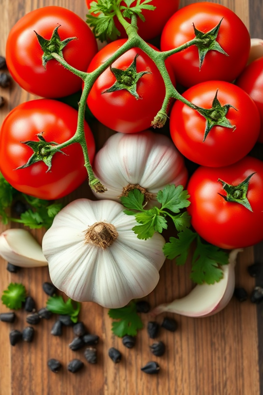 a vibrant arrangement of fresh red tomatoes, garlic, and parsley on a wooden table with scattered peppercorns, taken with a Canon EOS R5 at 50mm, f/1.8, ISO 100, natural light, top-down view, shallow depth of field