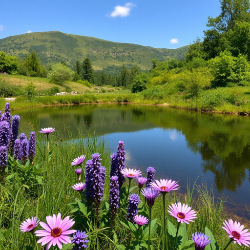 Scenic landscape with a calm pond surrounded by lush greenery and blooming purple flowers, taken with a DSLR camera at 24mm, aperture f/8, ISO 100, and a polarizing filter for enhanced colors and clarity, shot in natural light.