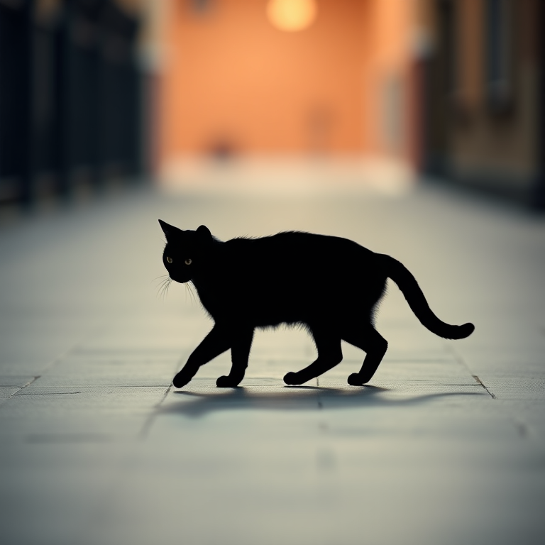 Generate a high-resolution image of a minimalist black silhouette of a cat walking, captured with a DSLR camera, aperture set to f/2.8, ISO 100, shutter speed 1/500s, using a shallow depth of field and a soft bokeh background.