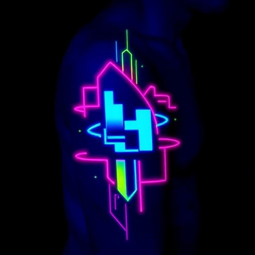 Neon glow-in-the-dark tattoo named "Electric Dreams" showcasing abstract geometric shapes and lines that appear to pulse and glow under UV light in vibrant neon colors