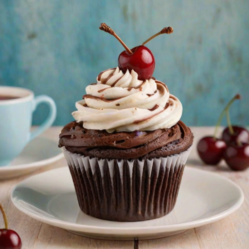 Generate an image of a delicious chocolate cupcake topped with a swirl of creamy frosting and a single cherry on top. The cupcake should have chocolate shavings around the frosting and be placed next to a light blue mug filled with a warm beverage. The background should have a soft, inviting color palette.