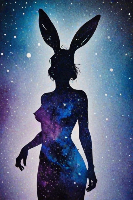 Captivating conceptual render alcohol ink art, double exposure, the paint strokes artfully merge combining a woman's full silhouette with a Humble hare's silhouette. The figures are composed of a series of colored dots, lines & spots that evoke the image of a cosmic galaxy, colors are deep shades of blue purple & black with flashes of white & silver representing distant stars. The woman's silhouette is formed within the lion's silhouette from constellations of scattered stars, surreal