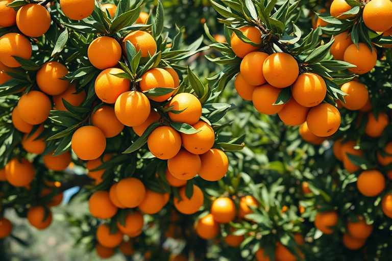 Generate a detailed image of a lush orange tree full of ripe oranges, captured with a DSLR camera at f/4 aperture, ISO 200, 50mm lens, in bright daylight from a slightly elevated position to enhance depth and clarity.