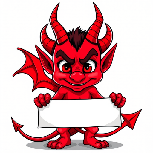 Create a digital illustration of a cartoon devil character with exaggerated features, holding a blank banner, with a vibrant red color scheme, high contrast, set against a transparent background, in a 4K resolution using a Canon EOS R5, f/2.8, 24mm lens, shooting in RAW format with soft lighting.