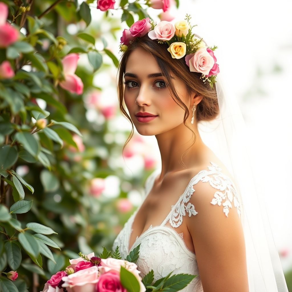 Garden scene, bridal model, delicate lace gown, floral headpiece, soft romantic focus, high-key lighting and an 85mm lens for soft, even tones that highlight the model’s face and bright outfit against a white or light background