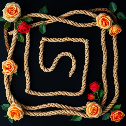 Create a high-resolution image of a maze designed with intertwining ropes and roses on a black background, shot with a DSLR camera at f/8, ISO 100, 50mm lens, with a top-down view and soft lighting to enhance depth and detail.