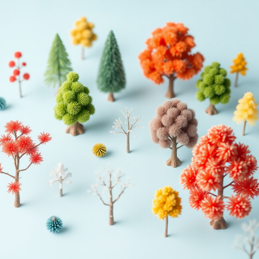 Generate a high-resolution image of various stylized trees on a soft light blue background, using a DSLR camera with a 50mm lens, aperture set to f/2.8, ISO 100, and a shallow depth of field for enhanced detail and vibrant colors.