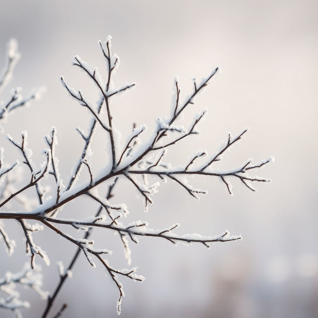 Frozen branches covered in frost creating a delicate pattern against a misty background, shot with a Canon EOS 5D Mark IV, 50mm lens, aperture f/2.8, shutter speed 1/250s, ISO 100, shallow depth of field, soft natural lighting.