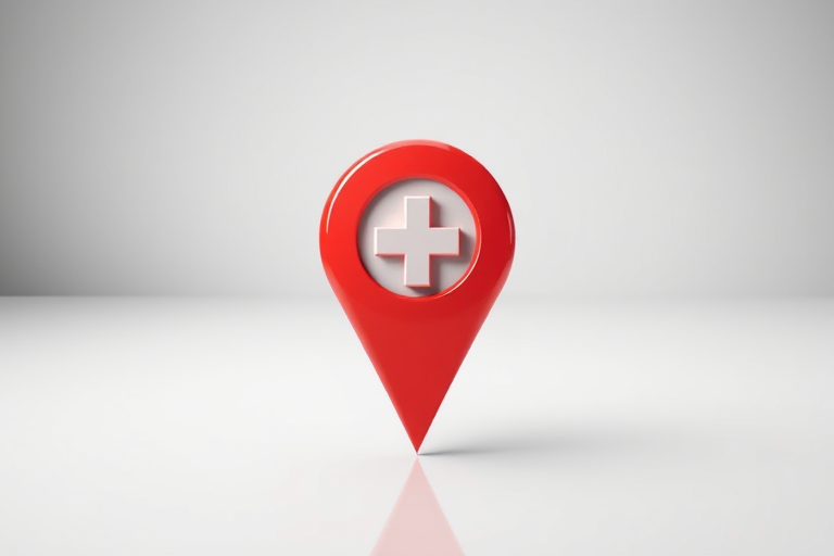 Create a high-resolution image of a location pin icon with a plus sign in the center, use a DSLR camera, aperture f/2.8, ISO 100, and 50mm lens, in a bright studio with soft lighting to enhance clarity and detail.