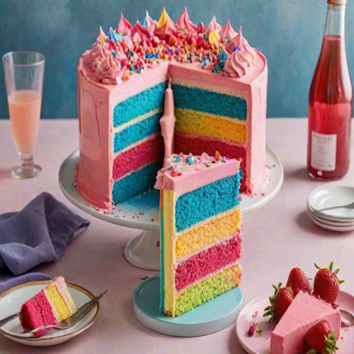 Create a colorful layered cake with various shades of pink, blue, and rainbow colors. The layers should be thin and visibly separated, showcasing a beautiful gradient effect. The top layer should be smooth and glossy, and a slice of the cake should be cut out to reveal the vibrant layers inside. The setting should be bright and cheerful, with a light background and a refreshing drink nearby.