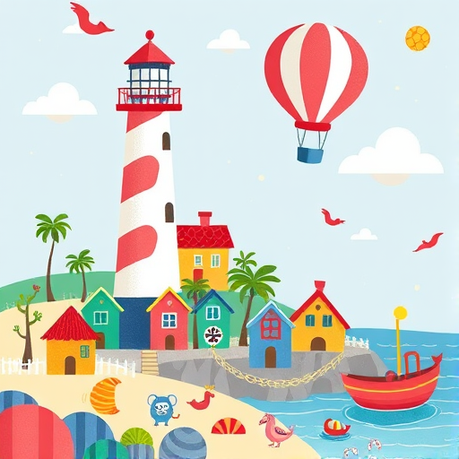 Create a vibrant, whimsical illustration featuring a seaside scene with a lighthouse, colorful houses, a hot air balloon, and playful creatures, using a DSLR camera with a 50mm lens, f/2.8 aperture, ISO 100, and a focus on bright, saturated colors for a playful, cartoon-like style.