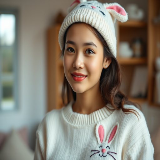 Create a soft-focus portrait of a young woman in a playful, cozy outfit featuring bunny motifs, indoor setting with soft natural lighting, using a Canon EOS R5, 85mm lens, aperture f/1.8, ISO 100, with a shallow depth of field to emphasize her expression and outfit while softening the background.