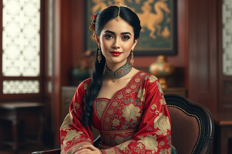 A beautiful Turkish woman in traditional East Asian attire, intricately detailed with embroidered patterns, sitting gracefully in a richly decorated room, soft ambient lighting, serene and elegant, ultra-realistic, 8K resolution