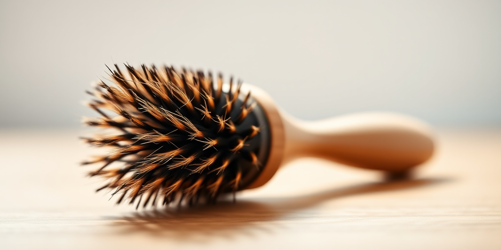 Create a high-resolution image of a hairbrush with a round handle and bristles, captured with a DSLR camera at f/2.8, ISO 100, 50mm lens, in bright natural light with a shallow depth of field, focusing on texture and detail.