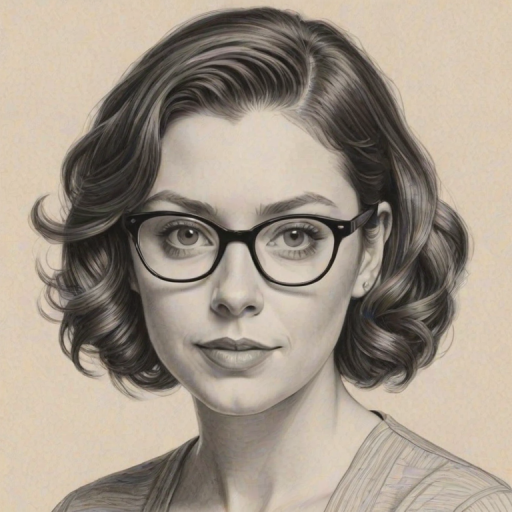 Comely Rachel Bloom, pencil sketch, portrait of Comely woman 1954s in glasses, hair style beatnik, outline, clear lines, fine lines, 8k