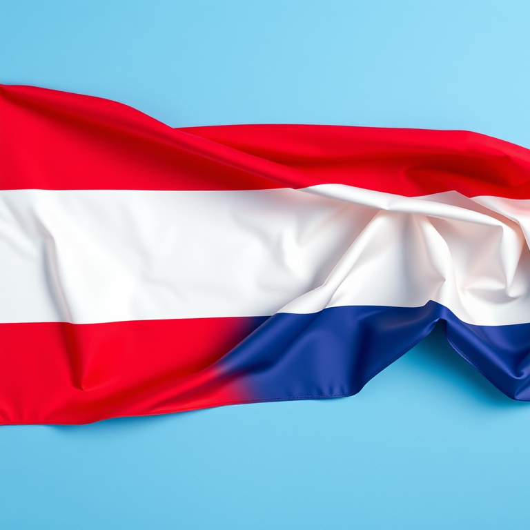 Generate a high-resolution image of the Netherlands flag with vibrant colors, using a DSLR camera, 50mm lens, f/8 aperture, ISO 100, and natural daylight for optimal clarity and contrast, capturing the flag in a flat lay view.