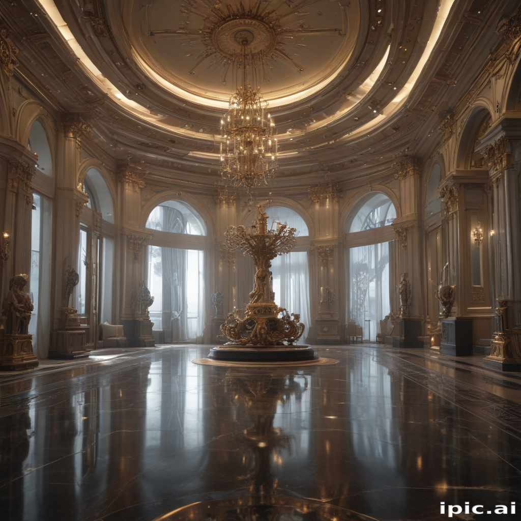 Opulent Grand Hall with Elegant Chandelier and Lavish Architectural Details