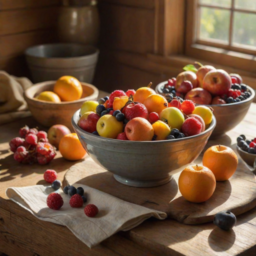 Warmly lit close-up of a bowl of fresh fruit on a rustic wooden table, soft sunlight streaming through a nearby window, with vibrant oranges, apples, and berries creating a colorful, inviting display.