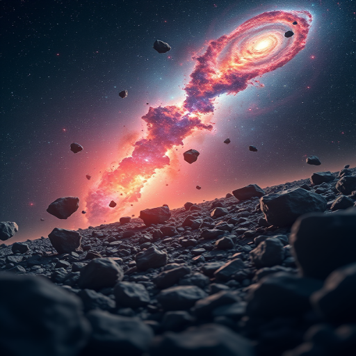 Create a high-resolution image of an asteroid field in space with a colorful galaxy in the background, using a wide-angle lens at f/2.8 for depth of field, ISO 100 for clarity, and a shutter speed of 1/500 sec to emphasize motion.