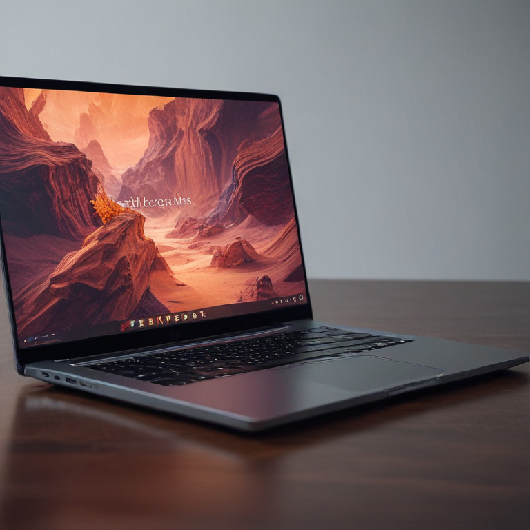 A Sleek Laptop Displaying a Stunning Landscape Wallpaper on a Table