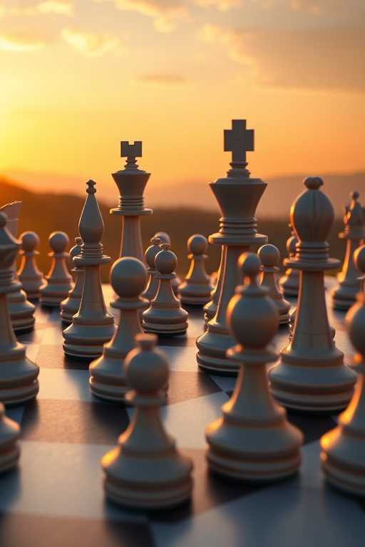 Generate a high-resolution image of an expansive chessboard landscape featuring oversized chess pieces like kings, queens, and pawns, captured with a DSLR camera at f/8 aperture, ISO 100, 24mm lens, during golden hour for enhanced lighting and detail.