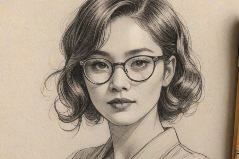 Elegant Lynn Chen, pencil sketch, portrait of Lovely woman 1923s in glasses, hair style beatnik, outline, clear lines, fine lines, 8k