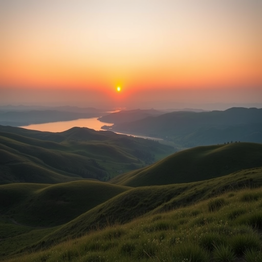 Create a high-resolution image of a serene landscape featuring rolling hills and a calm lake at sunrise, captured with a Canon EOS R5, 24-70mm f/2.8 lens, aperture f/8, ISO 100, shutter speed 1/125s, in a wide-angle view for enhanced depth and clarity.
