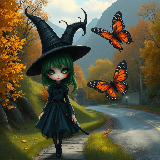 digital art fantasy depicting a strange girl with green hair, long eyelashes, red lipstick and a tall hat walking along a winding road on an autumn afternoon, an Butterfly smiles as she passes