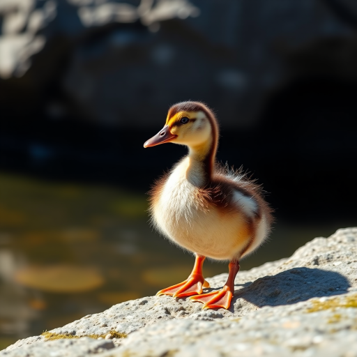 a close-up of a duckling standing on a rock by a pond, natural light, shallow depth of field, 50mm lens, f/2.8 aperture, ISO 100, tripod stabilizer, bright and vibrant colors