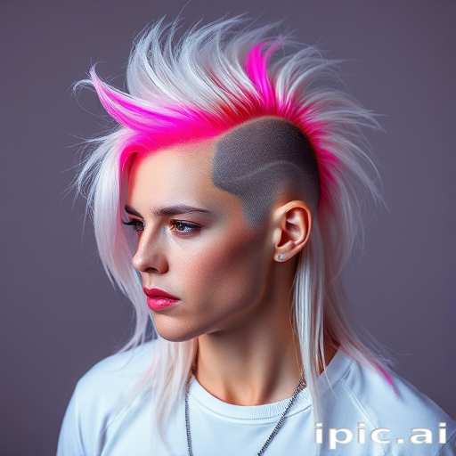 Edgy platinum blonde mullet with neon pink roots and shaved temple designs, styled for maximum volume known as "Retro Futurist" blending nostalgia with avant-garde flair