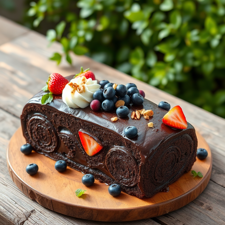 Chocolate log cake decorated with fresh fruits like strawberries and blueberries topped with cream and nuts on a rustic wooden table with green foliage in the background.
