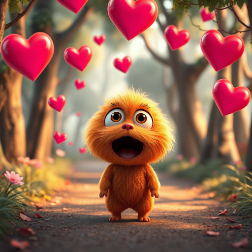 A fluffy orange creature with large eyes and a wide open mouth stands on a path in a whimsical forest, bright pink and red hearts float through the air, the creature has a surprised expression, the light is warm and soft, photorealistic, digital art, 3D style