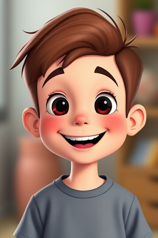 Create a high-quality cartoon image of a smiling boy with brown hair, using a DSLR camera setup, aperture f/2.8, shutter speed 1/60s, ISO 100, taken from a frontal view with a soft-focus background for enhanced clarity and color vibrance.