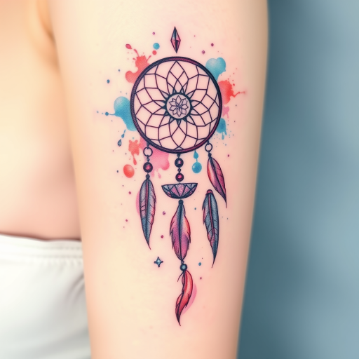 Enchanting watercolor splash tattoo of a dreamcatcher with flowing feathers and crystals, featuring a soft pastel palette blending seamlessly into skin, evoking a sense of ethereal beauty