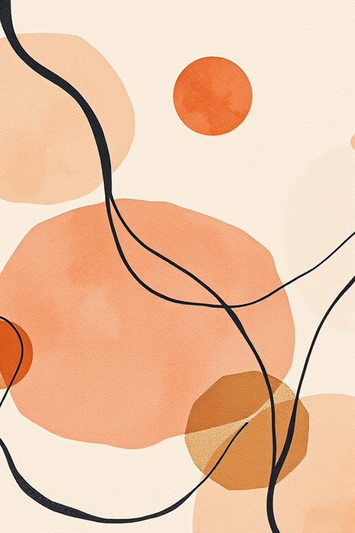 Abstract composition featuring soft watercolor circles in earthy tones with fluid black lines, shot with a Canon EOS R5 at f/8, ISO 100, 50mm lens, using a soft focus technique for a smooth, artistic finish.