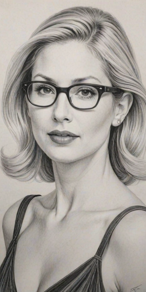 Alluring Kelly Rutherford, pencil sketch, portrait of Alluring woman 1937s in glasses, hair style beatnik, outline, clear lines, fine lines, 8k