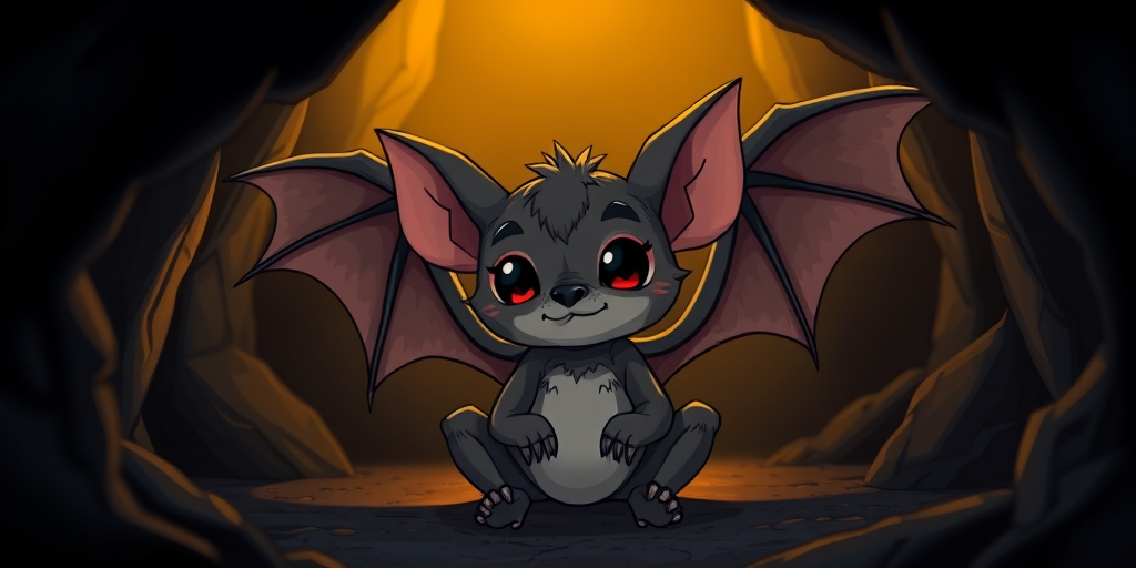 Create a high-resolution image of a stylized cartoon bat creature sitting in a dark cave, illuminated by soft, golden light, with intricate details on its fur and wings, using a DSLR camera, 35mm lens, f/2.8 aperture, ISO 100, and a low-angle perspective to enhance depth and texture.
