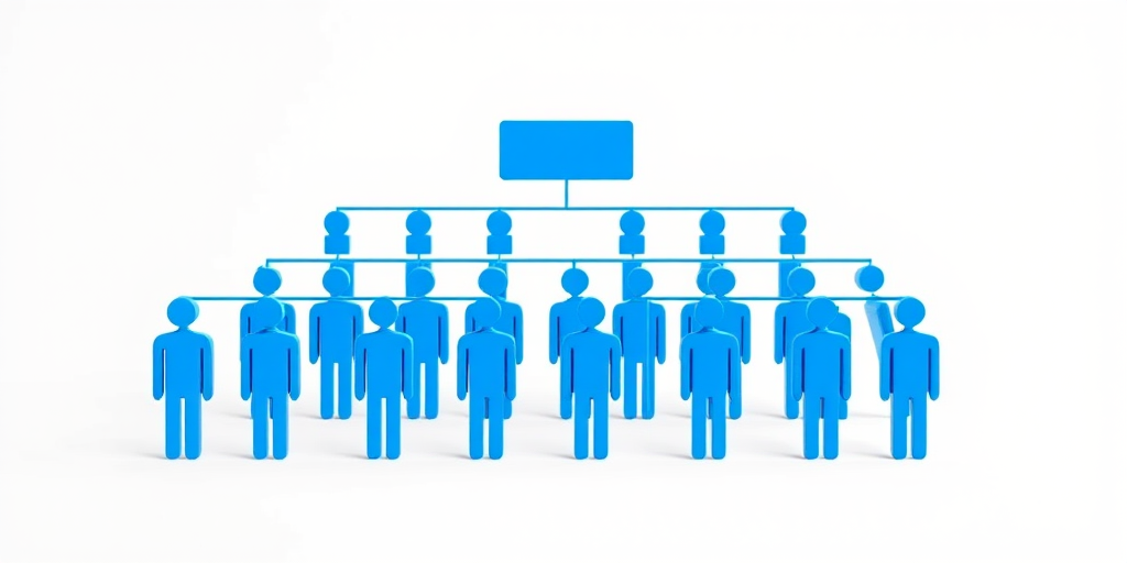 Create a 3D illustration of a hierarchical organizational chart with blue human figures on a clean white background, using a Canon EOS R5 camera with a 50mm f/1.8 lens at f/8, 1/125 sec exposure, ISO 100, in a bright, evenly lit environment for enhanced clarity and detail.
