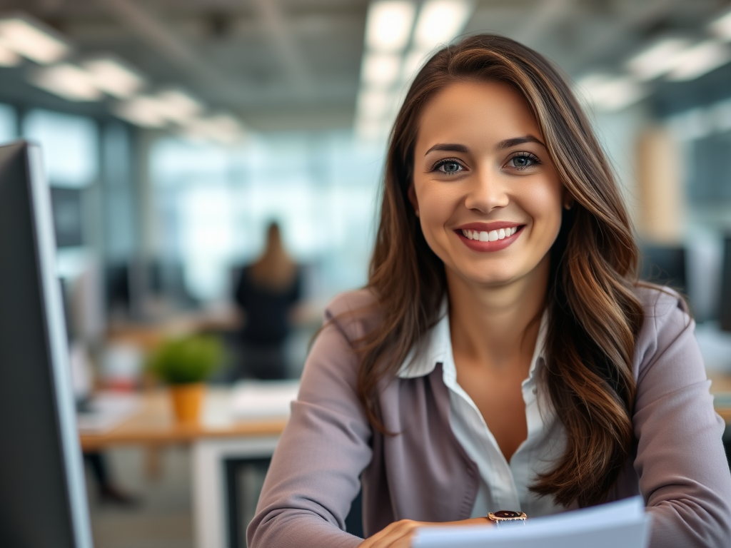 Close-up portrait of a smiling woman sitting at a desk with papers in an office environment, natural light, f/2.8 aperture, 50mm lens, ISO 200, Canon DSLR, shallow depth of field, soft focus background.