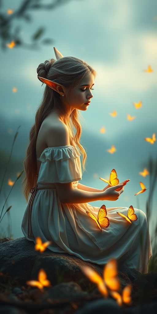 Create an ethereal scene depicting a serene elven girl seated by a tranquil lake surrounded by glowing butterflies, with soft, diffused lighting, use a 50mm lens at f/1.8 for shallow depth of field, with a Canon EOS R camera, capturing a dreamy atmosphere in a fantasy style.